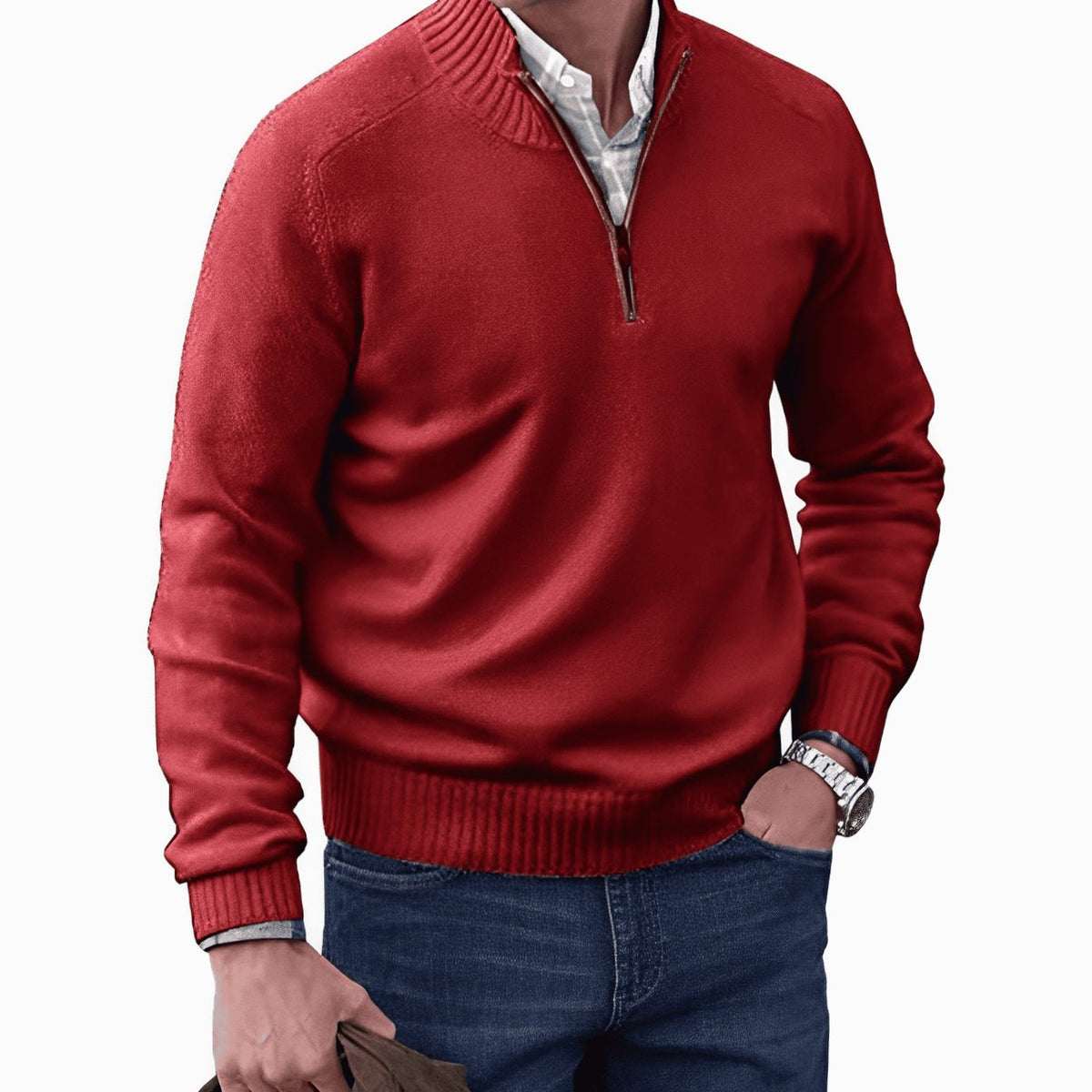 Men's Knit Half-Zip Pullover Jumper Raglan Sweater - Red