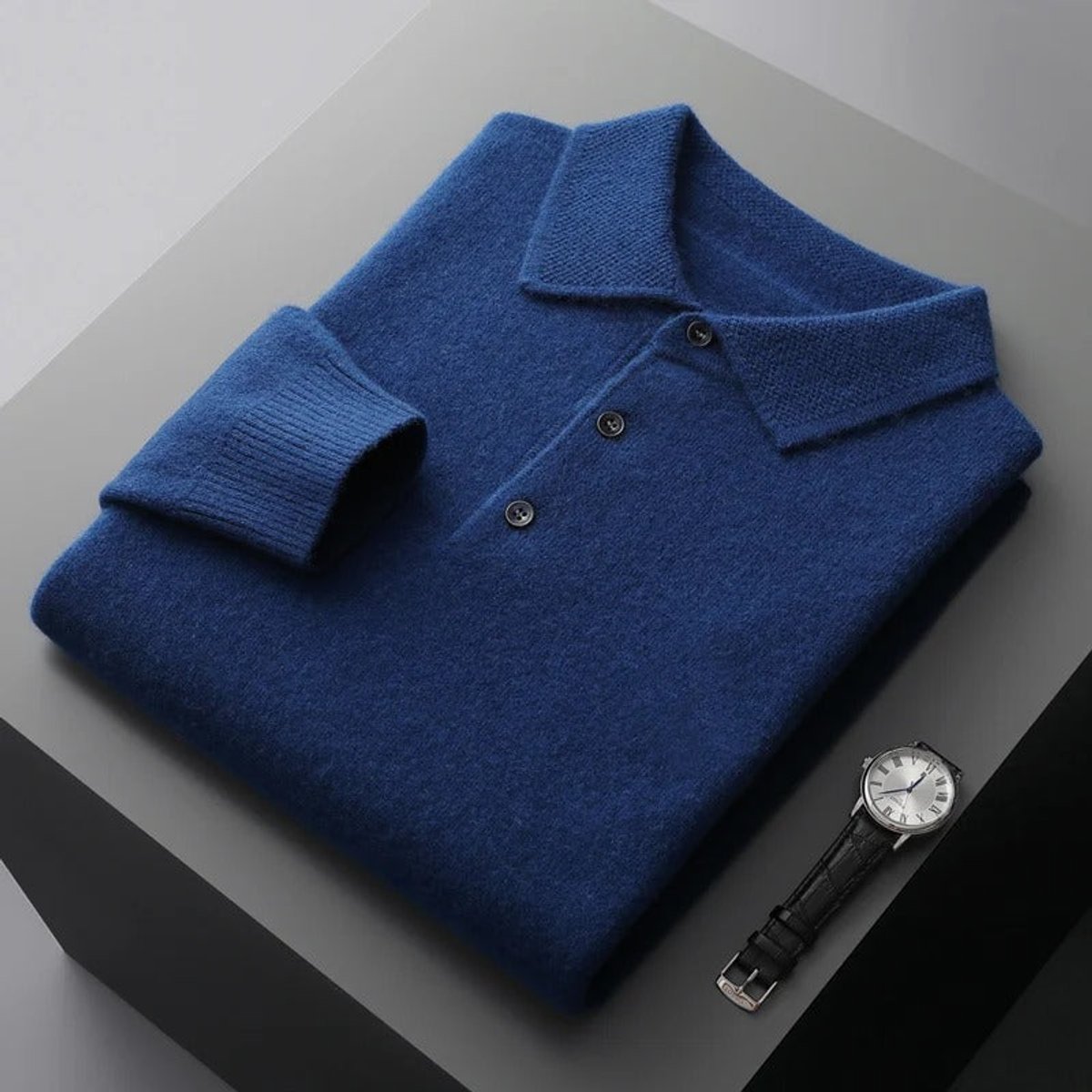 Mens Knit Sweater Cashmere Polo Long Sleeve Pullover - Dark Navy