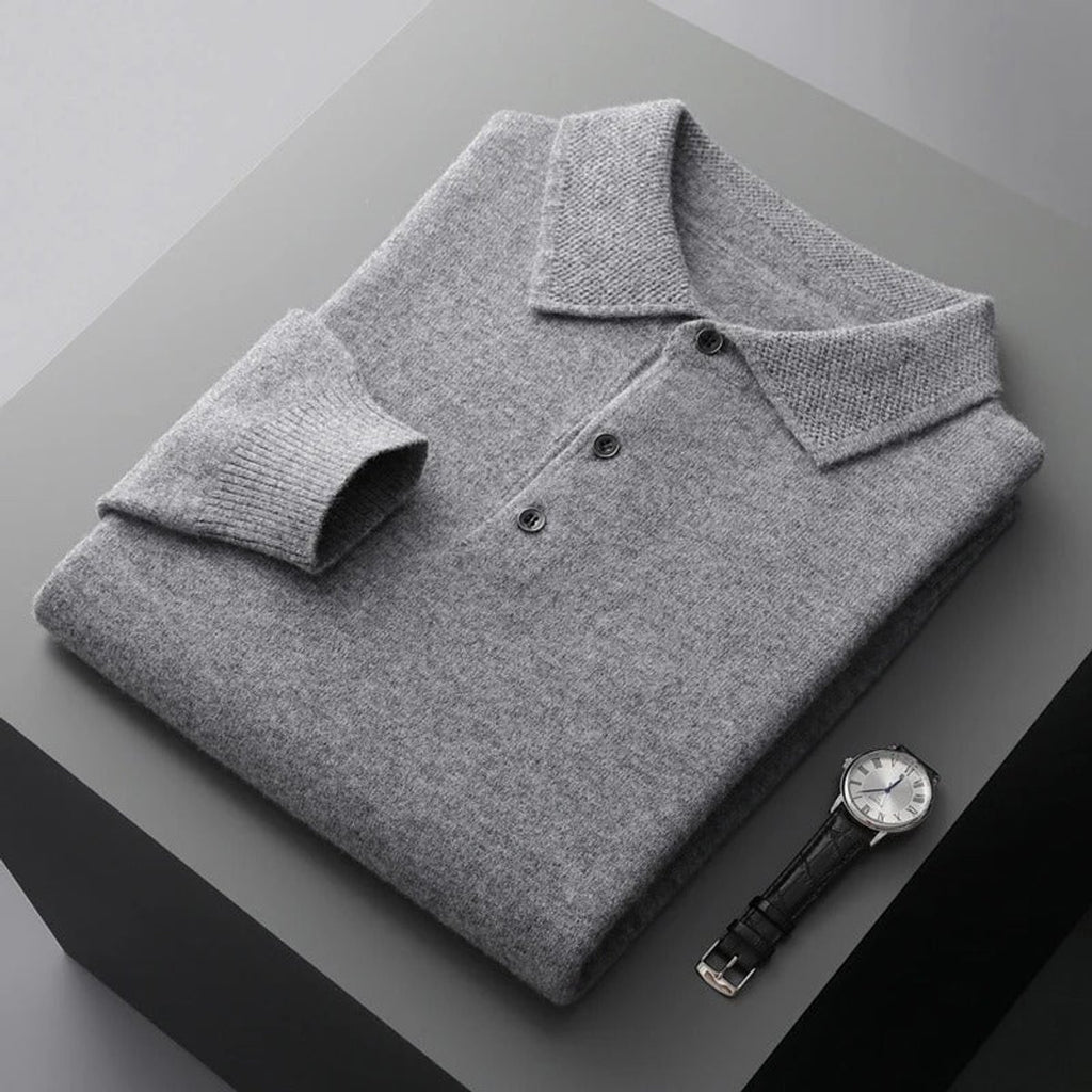 Mens Knit Sweater Cashmere Polo Long Sleeve Pullover - Gray