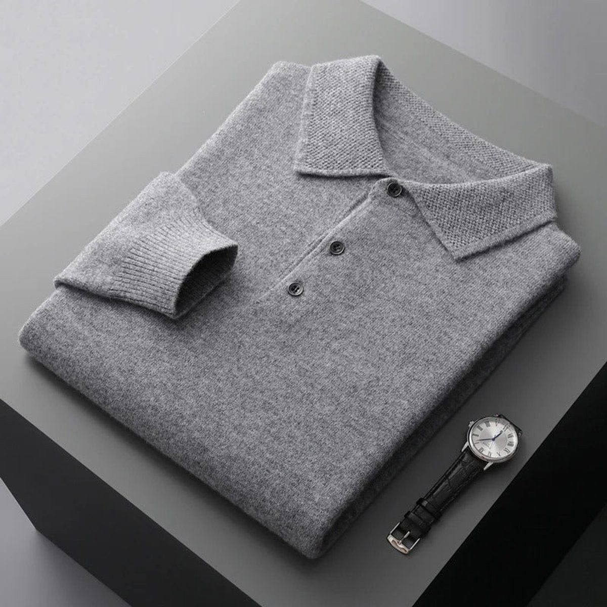 Mens Knit Sweater Cashmere Polo Long Sleeve Pullover - Gray