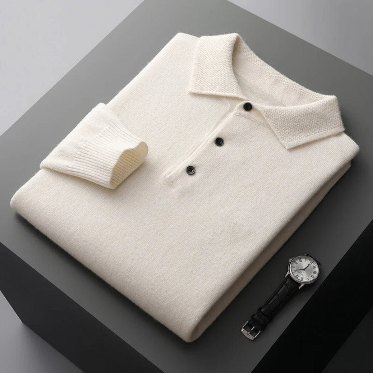 Mens Knit Sweater Cashmere Polo Long Sleeve Pullover - White