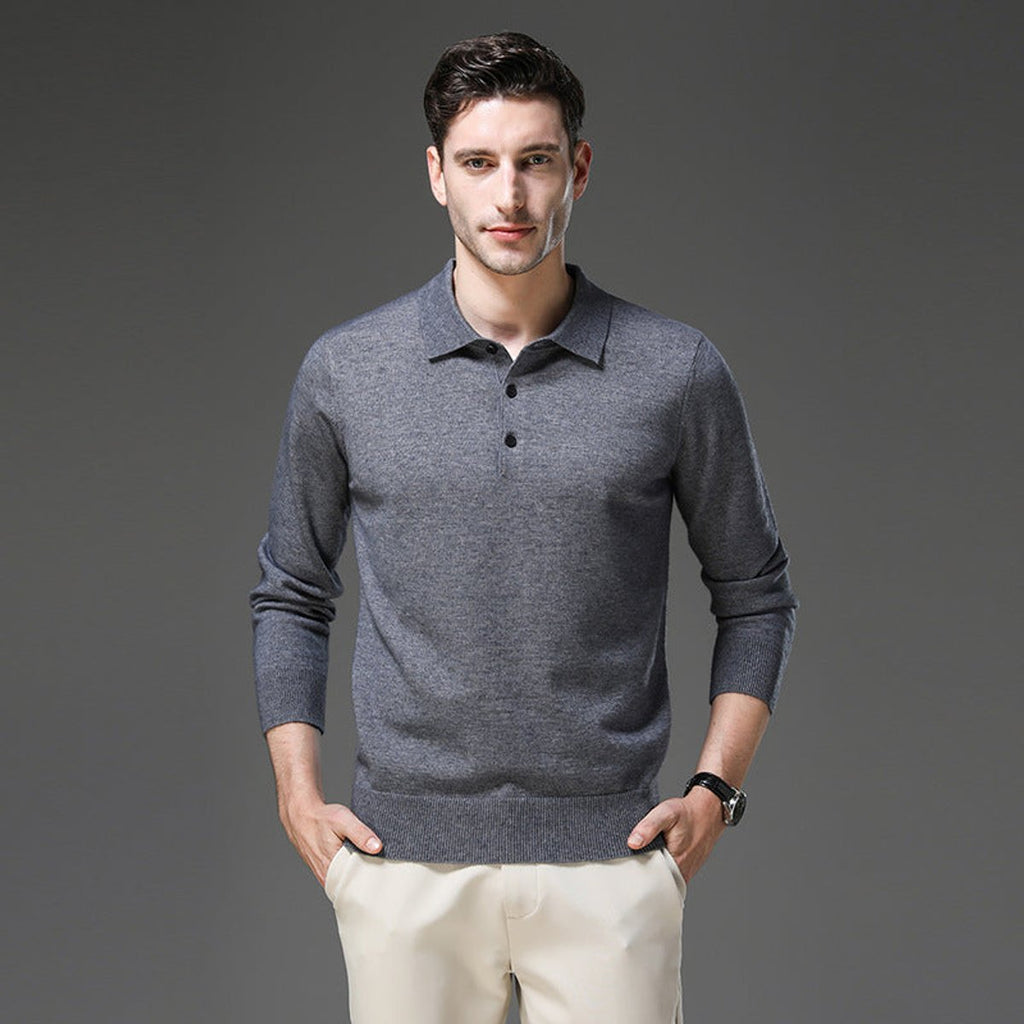 Mens Knit Sweater Cashmere Polo Long Sleeve Pullover