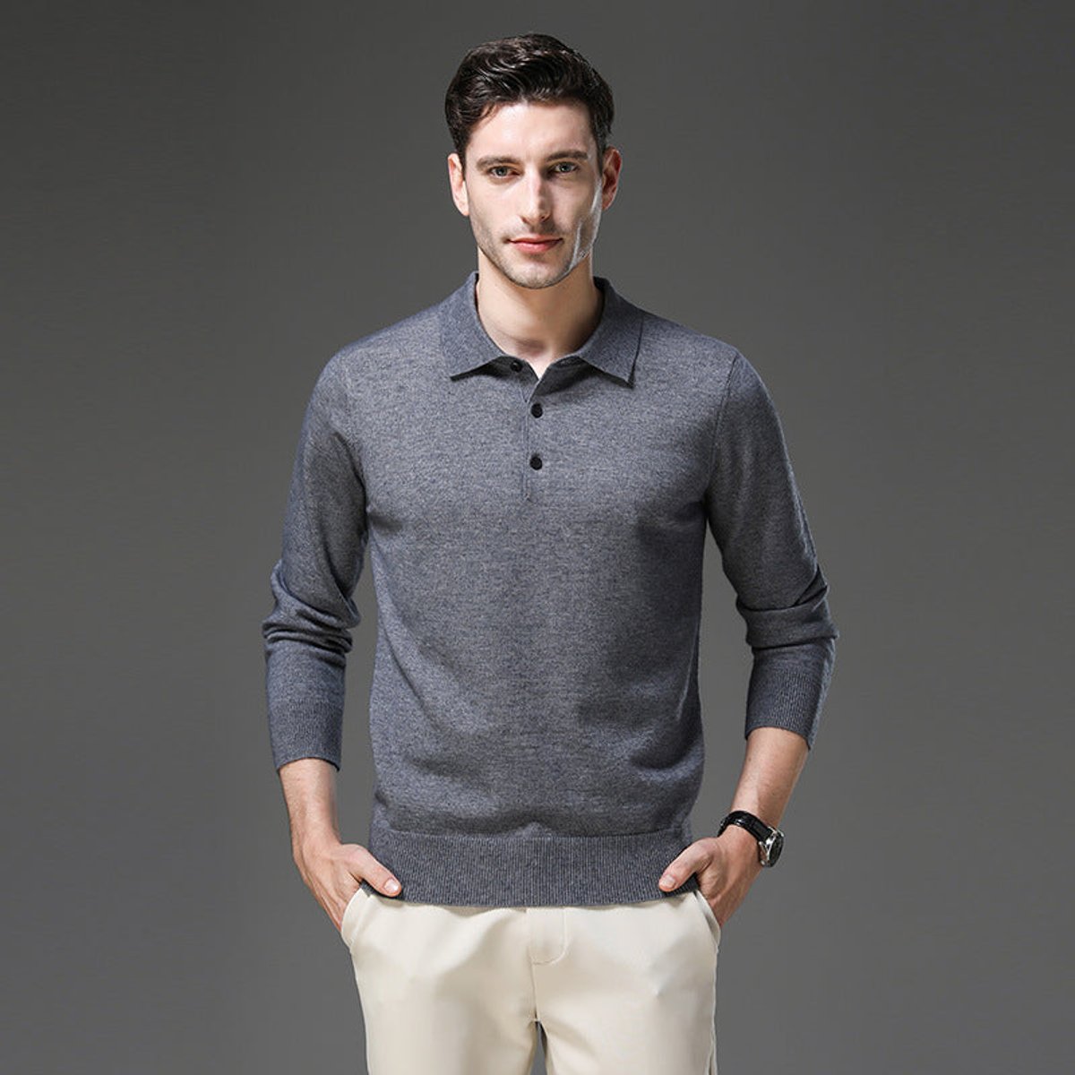 Mens Knit Sweater Cashmere Polo Long Sleeve Pullover