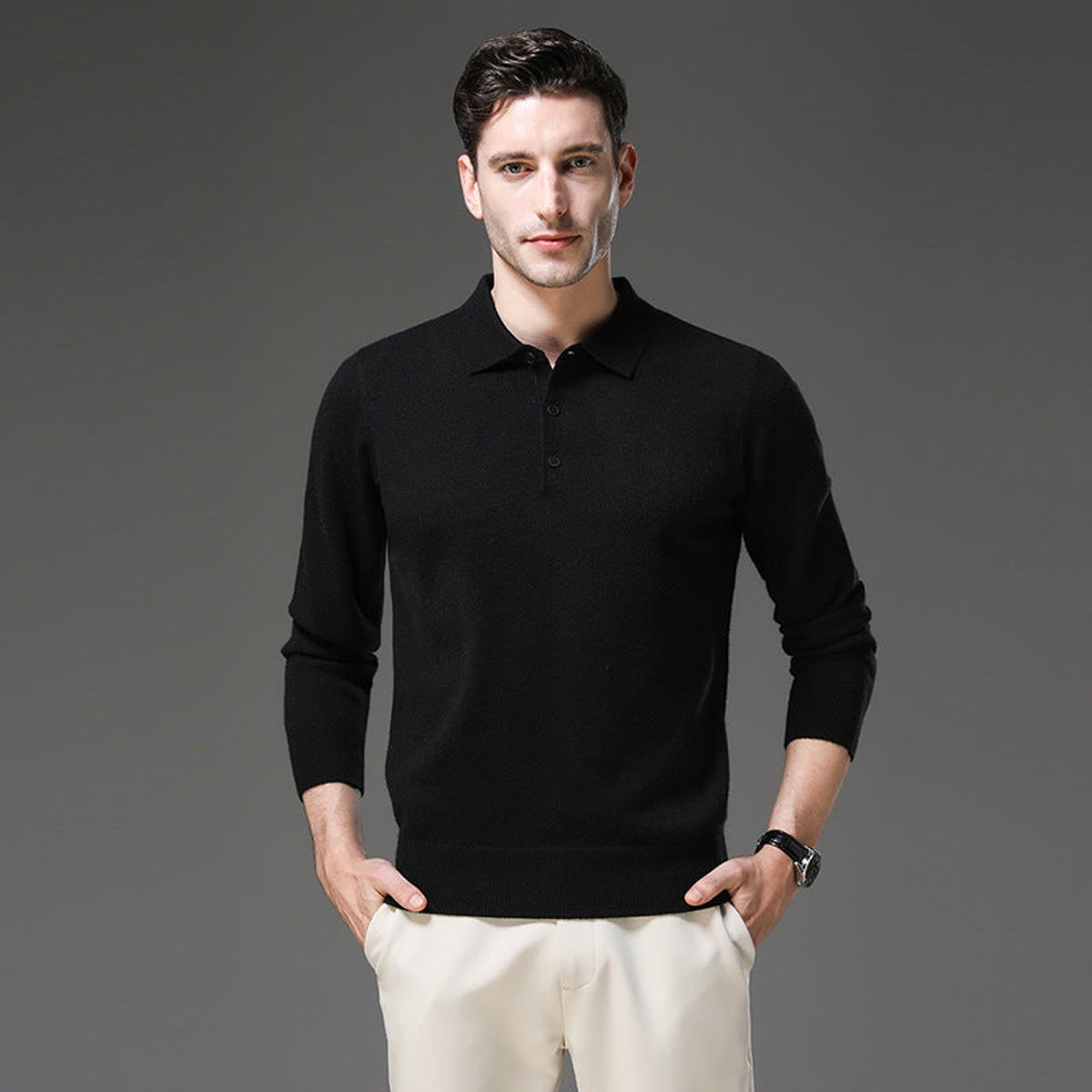 Mens Knit Sweater Cashmere Polo Long Sleeve Pullover