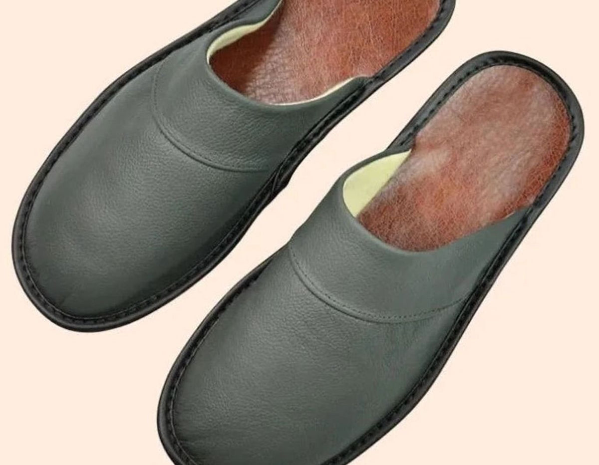 Men's Leather Slip-On Slippers Classic Indoor Mule - Gray