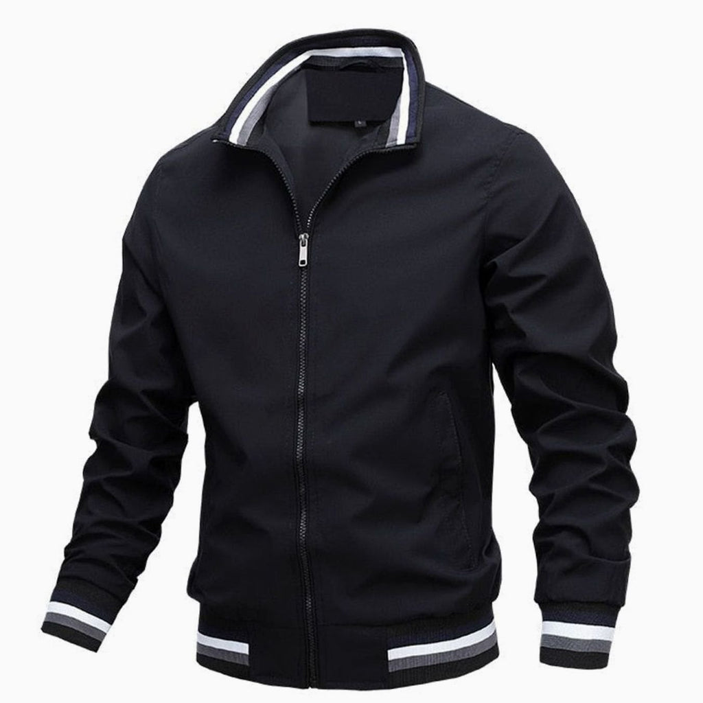 Men's Lightweight Full-Zip Ribbed Casual Bomber Jacket - Black