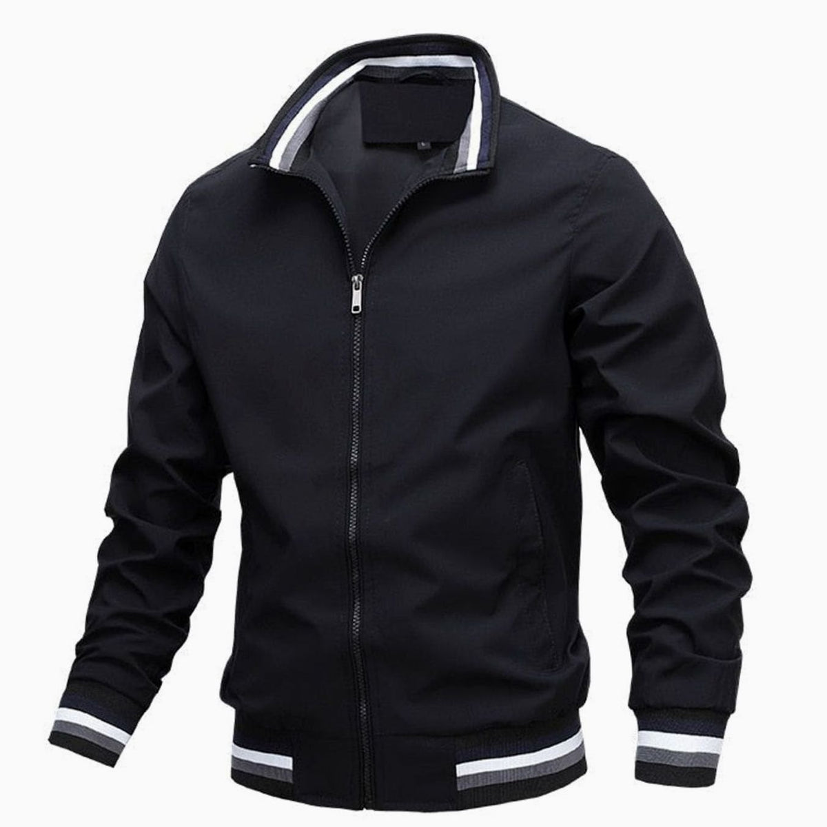 Men's Lightweight Full-Zip Ribbed Casual Bomber Jacket - Black