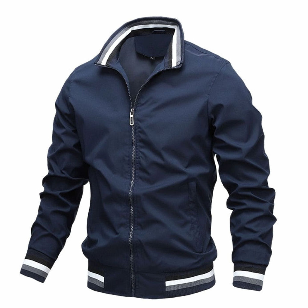 Men's Lightweight Full-Zip Ribbed Casual Bomber Jacket - Dark Blue
