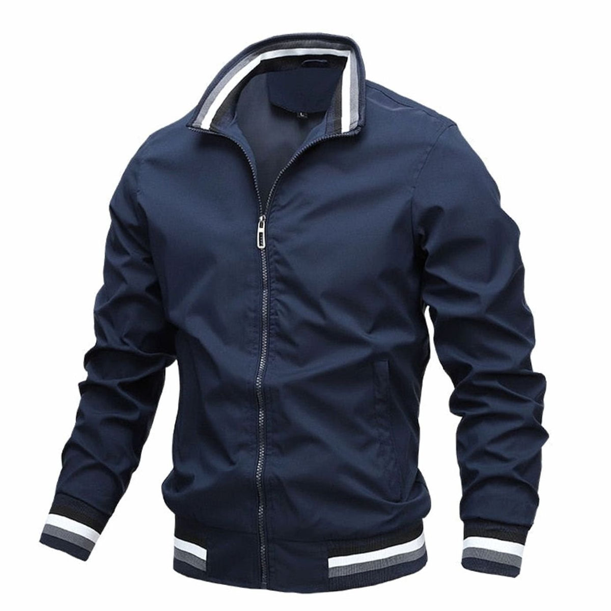 Men's Lightweight Full-Zip Ribbed Casual Bomber Jacket - Dark Blue