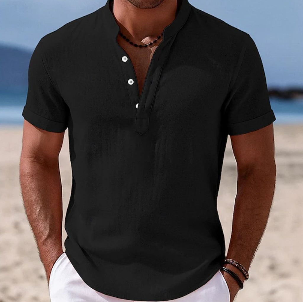 Men's Lightweight Linen-Feel Short Sleeve Henley Button-Up Shirt - Black