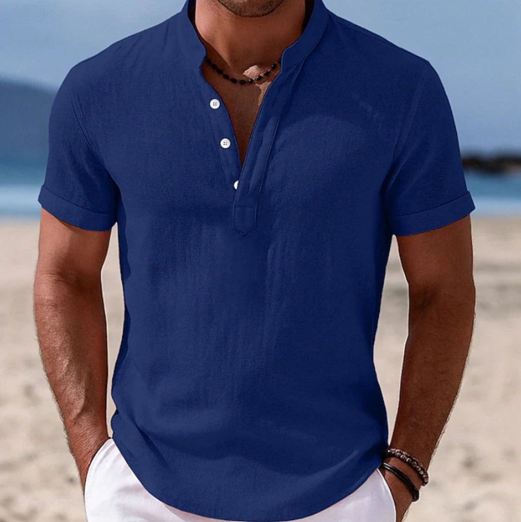 Men's Lightweight Linen-Feel Short Sleeve Henley Button-Up Shirt - Blue