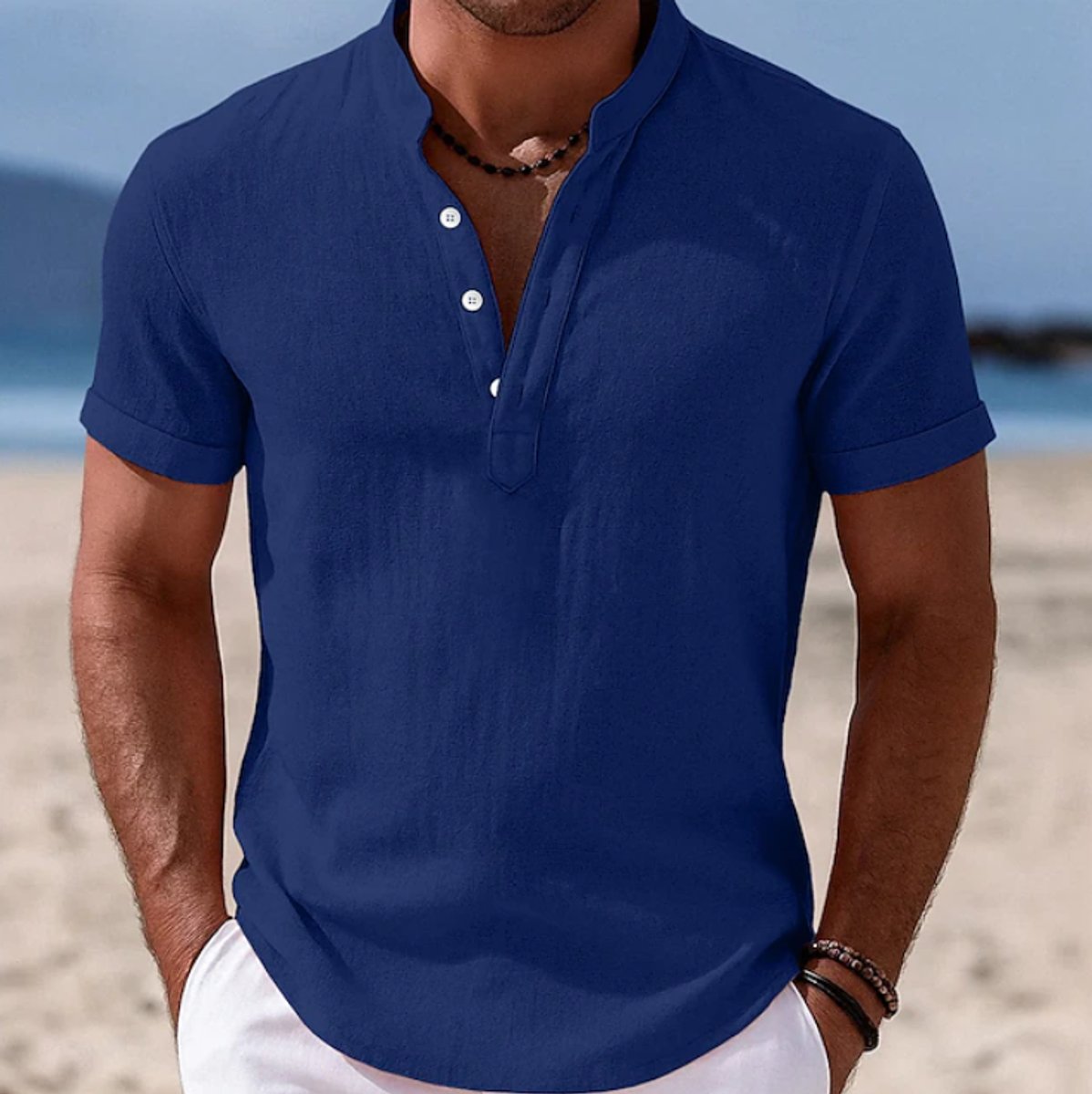 Men's Lightweight Linen-Feel Short Sleeve Henley Button-Up Shirt - Blue