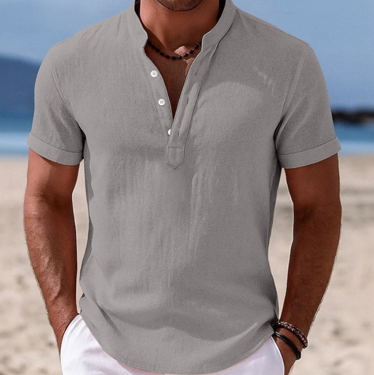 Men's Lightweight Linen-Feel Short Sleeve Henley Button-Up Shirt - Gray