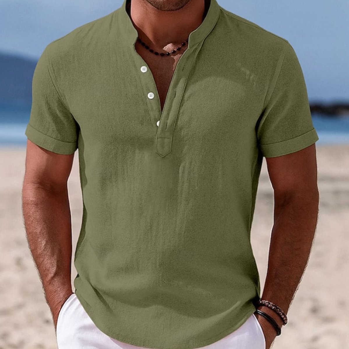 Men's Lightweight Linen-Feel Short Sleeve Henley Button-Up Shirt - Green