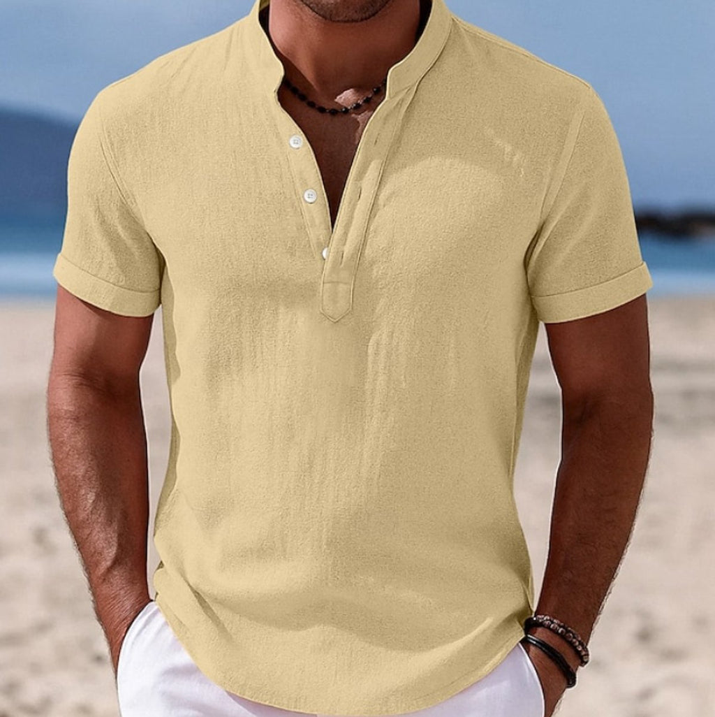 Men's Lightweight Linen-Feel Short Sleeve Henley Button-Up Shirt - Yellow