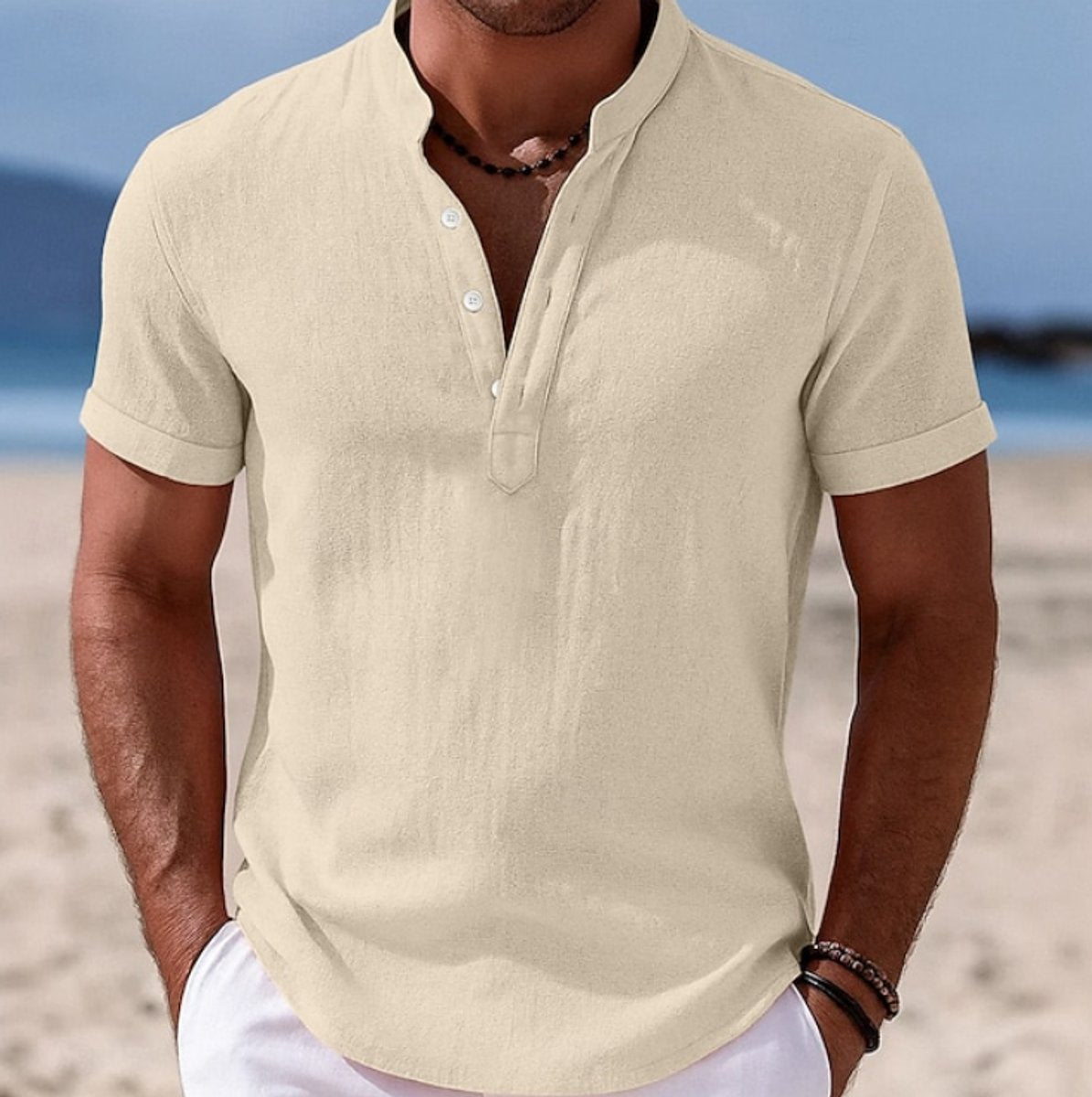 Men's Lightweight Linen-Feel Short Sleeve Henley Button-Up Shirt - Beige