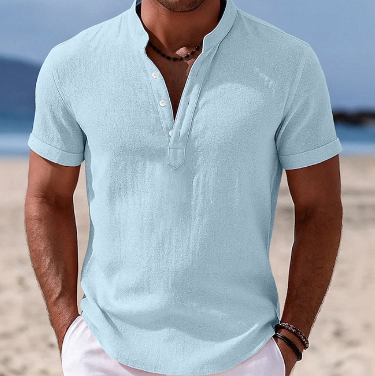 Men's Lightweight Linen-Feel Short Sleeve Henley Button-Up Shirt - Light Blue