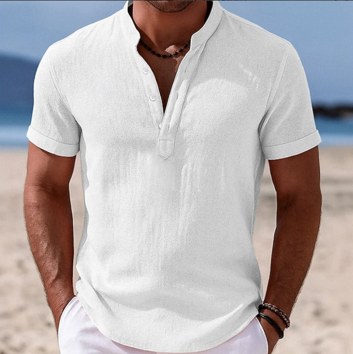 Men's Lightweight Linen-Feel Short Sleeve Henley Button-Up Shirt - White