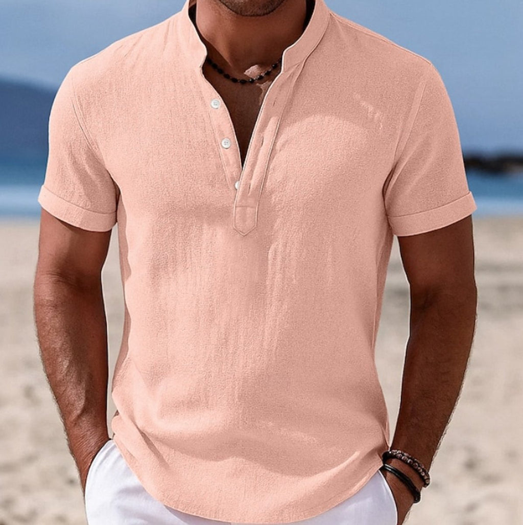 Men's Lightweight Linen-Feel Short Sleeve Henley Button-Up Shirt - Pink