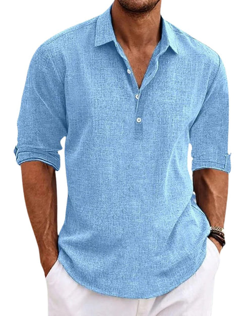 Men's Linen-Blend Long-Sleeve Henley Button-Front Shirt