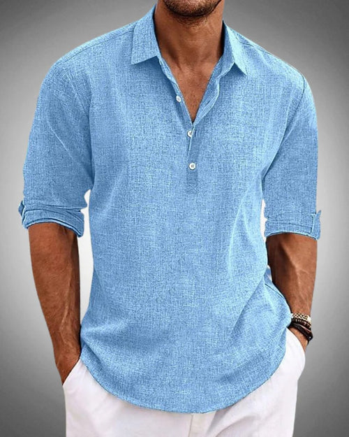 Men's Linen-Blend Long-Sleeve Henley Button-Front Shirt - Blue