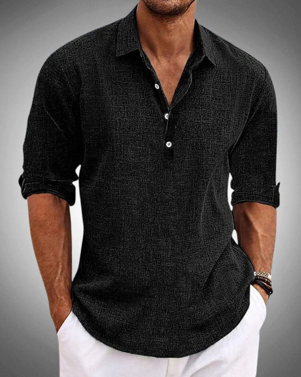 Men's Linen-Blend Long-Sleeve Henley Button-Front Shirt - Black