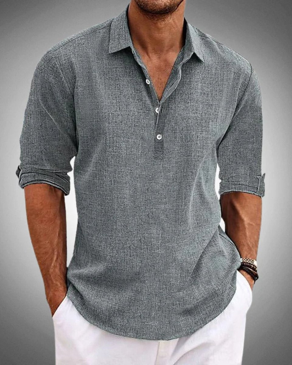 Men's Linen-Blend Long-Sleeve Henley Button-Front Shirt - Gray