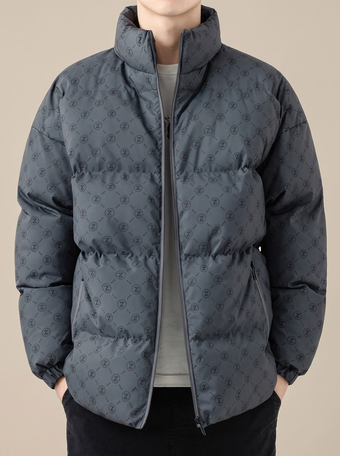 Men's Logo-Print Insulated Stand-Collar Puffer Jacket - Grey