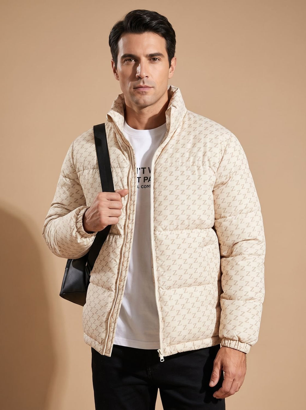Men's Logo-Print Insulated Stand-Collar Puffer Jacket - Beige