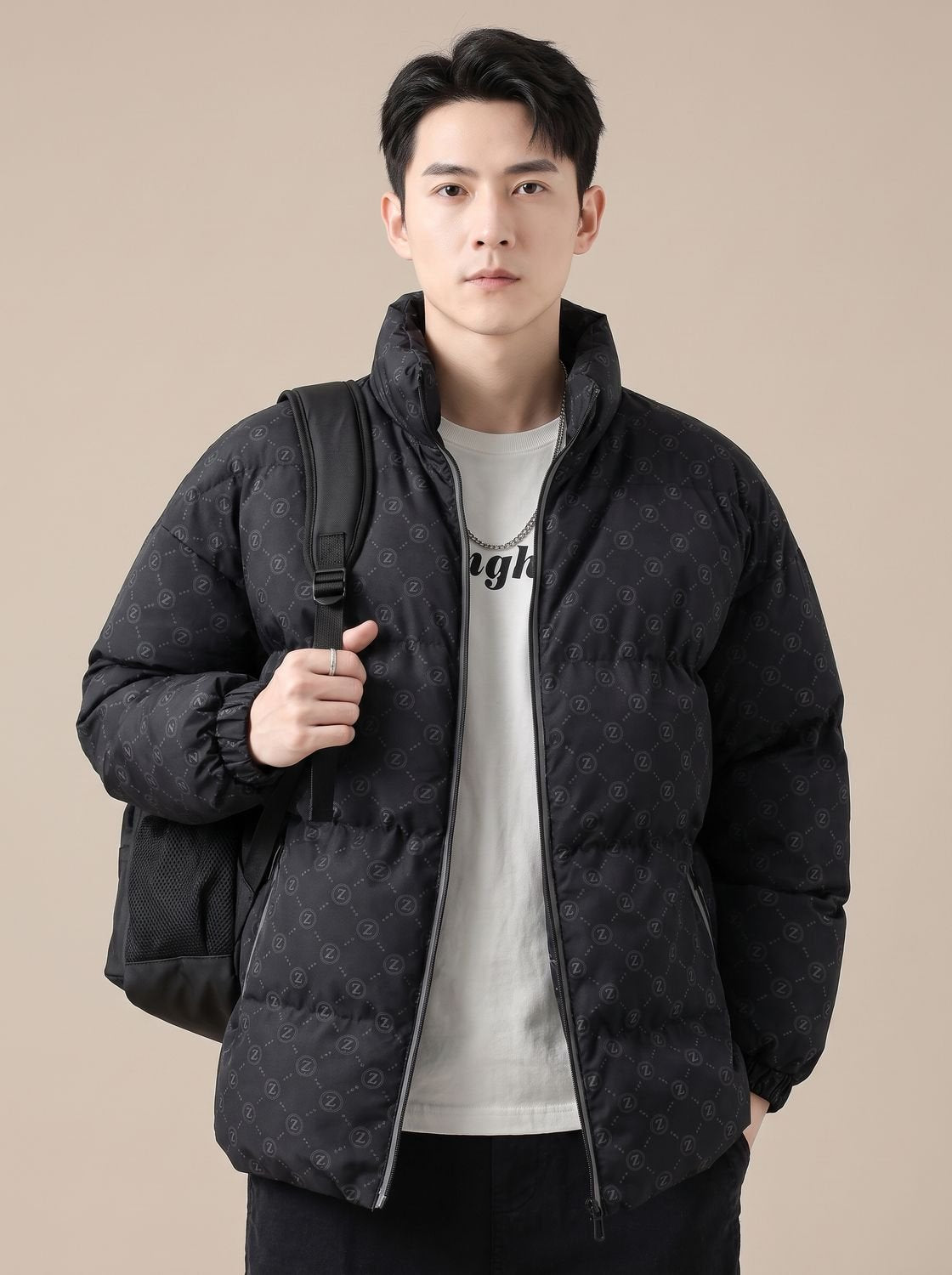 Men's Logo-Print Insulated Stand-Collar Puffer Jacket - Black