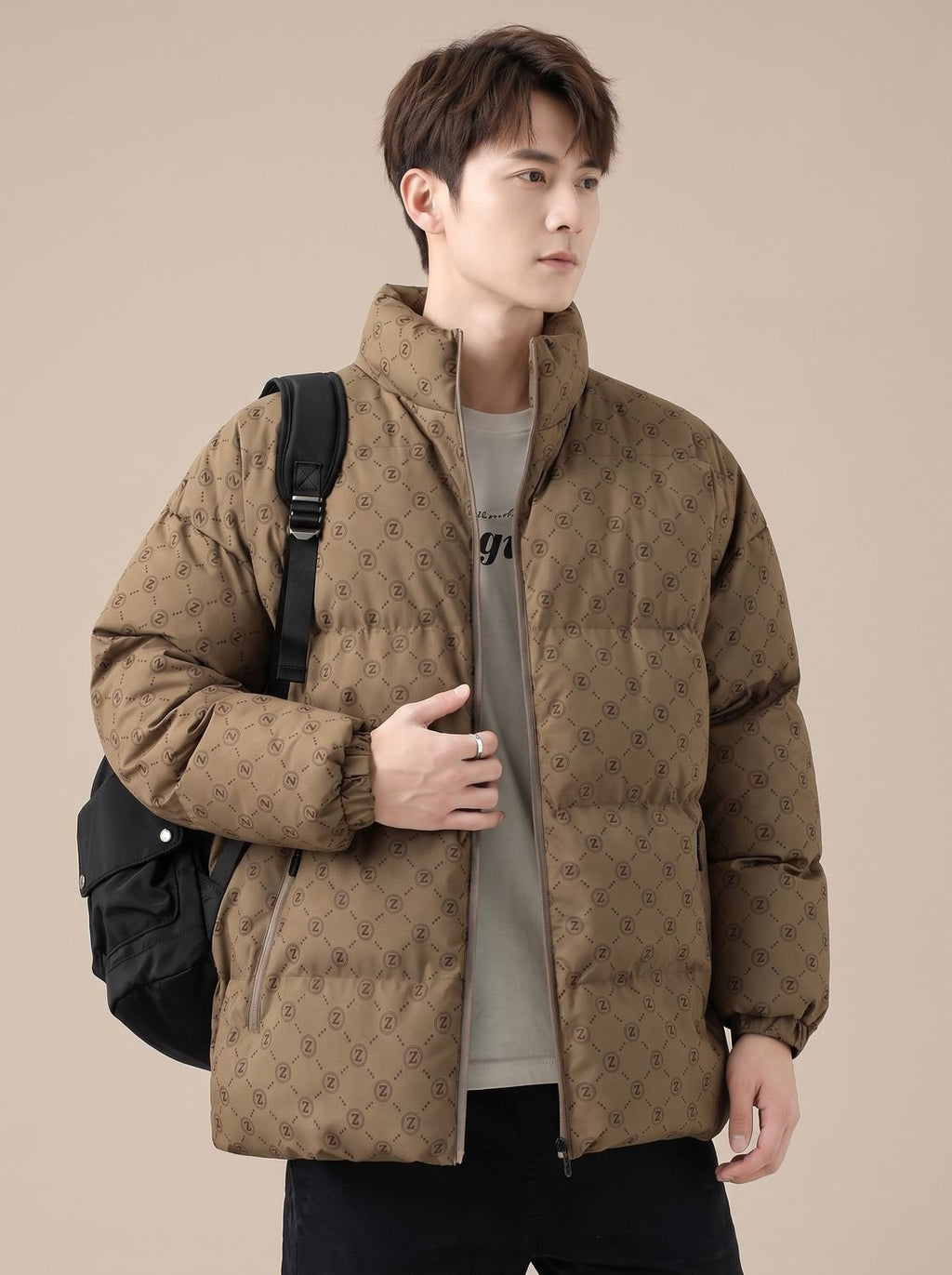 Men's Logo-Print Insulated Stand-Collar Puffer Jacket - Coffee