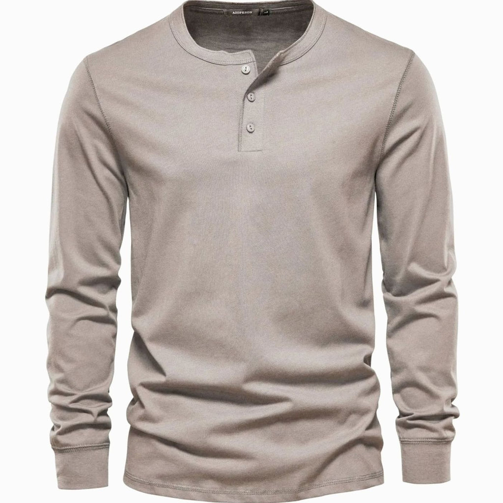 Men's Long-Sleeve Button-Placket Henley Shirt - Beige