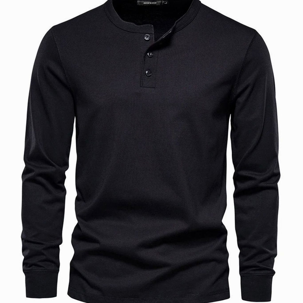 Men's Long-Sleeve Button-Placket Henley Shirt - Black