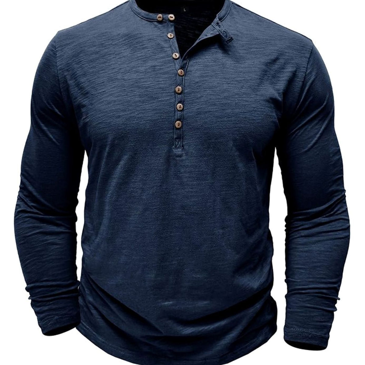 Men's Long-Sleeve Button-Up Henley Shirt - Navy Blue