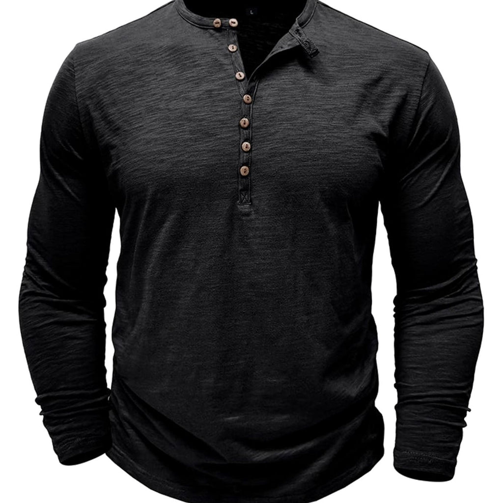 Men's Long-Sleeve Button-Up Henley Shirt - Black