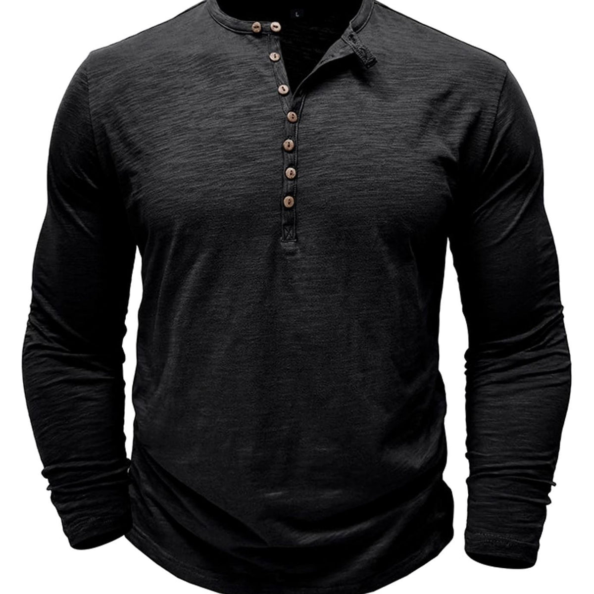 Men's Long-Sleeve Button-Up Henley Shirt - Black