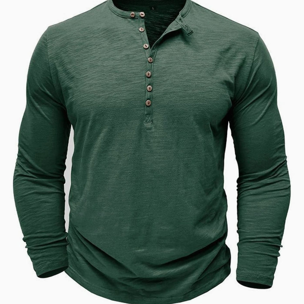 Men's Long-Sleeve Button-Up Henley Shirt - Dark Green