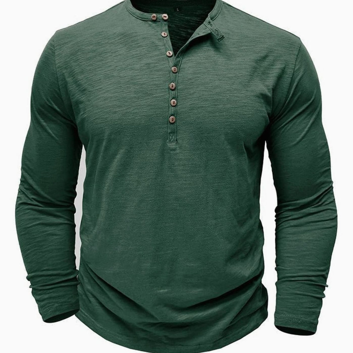 Men's Long-Sleeve Button-Up Henley Shirt - Dark Green