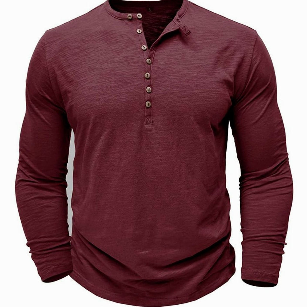 Men's Long-Sleeve Button-Up Henley Shirt - Red