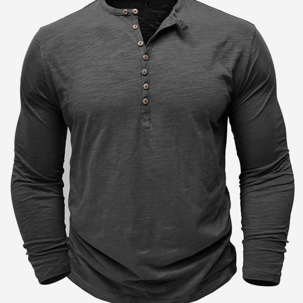 Men's Long-Sleeve Button-Up Henley Shirt - Gray