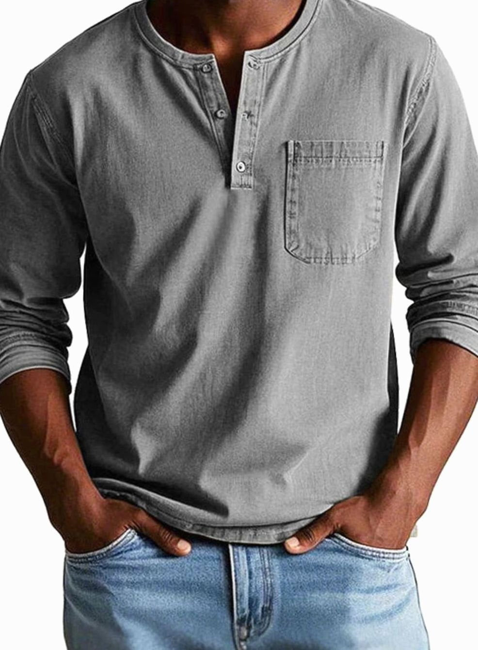 Men's Long Sleeve Chest Pocket Henley Shirt - Gray