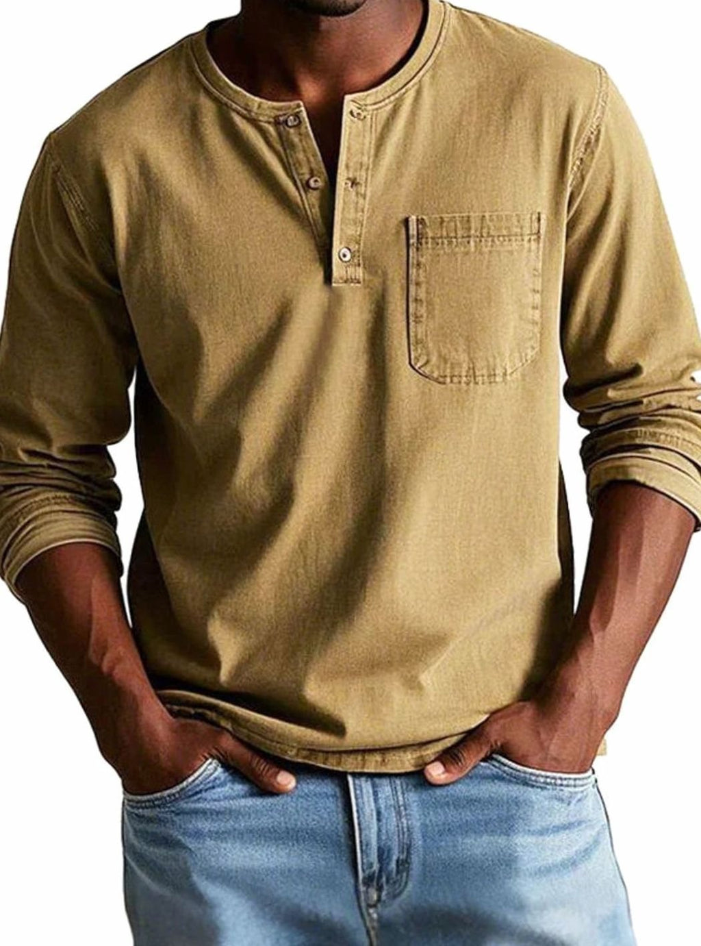 Men's Long Sleeve Chest Pocket Henley Shirt - Khaki