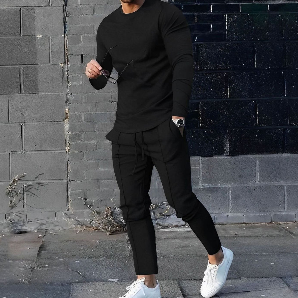 Men's Long-Sleeve Crew-Neck Jogger Two-Piece Outfit Set - Black