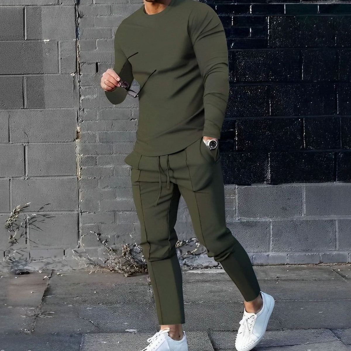 Men's Long-Sleeve Crew-Neck Jogger Two-Piece Outfit Set - Olive Green