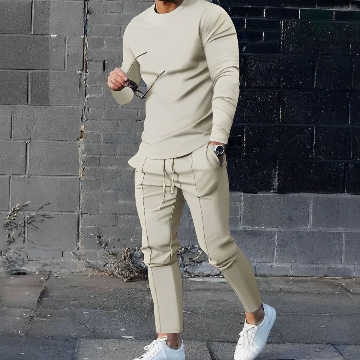 Men's Long-Sleeve Crew-Neck Jogger Two-Piece Outfit Set - Beige