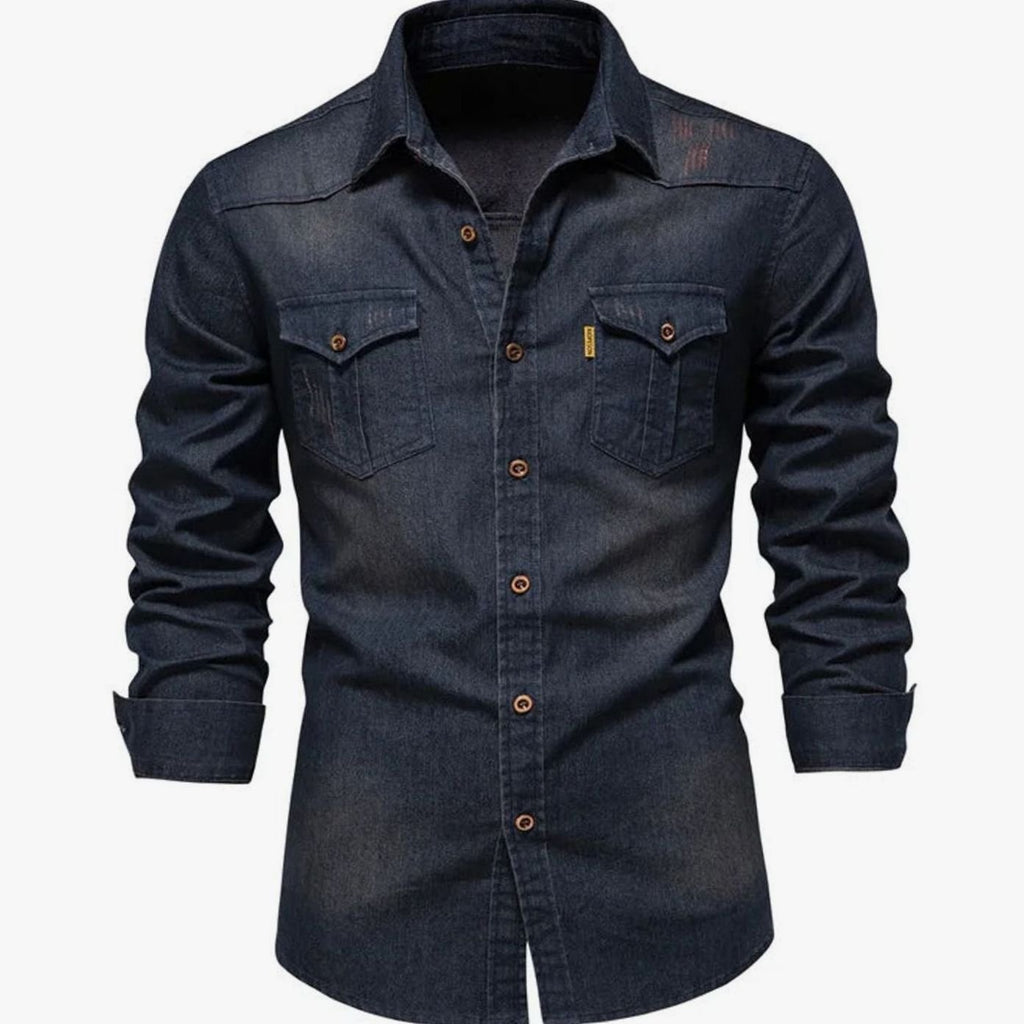 Men's Long-Sleeve Dual-Pocket Denim Button-Up Shirt - Navy Blue