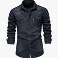 Men's Long-Sleeve Dual-Pocket Denim Button-Up Shirt - Navy Blue