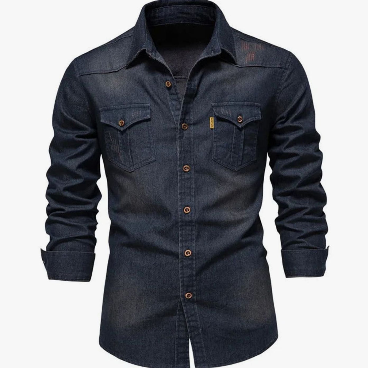 Men's Long-Sleeve Dual-Pocket Denim Button-Up Shirt - Navy Blue
