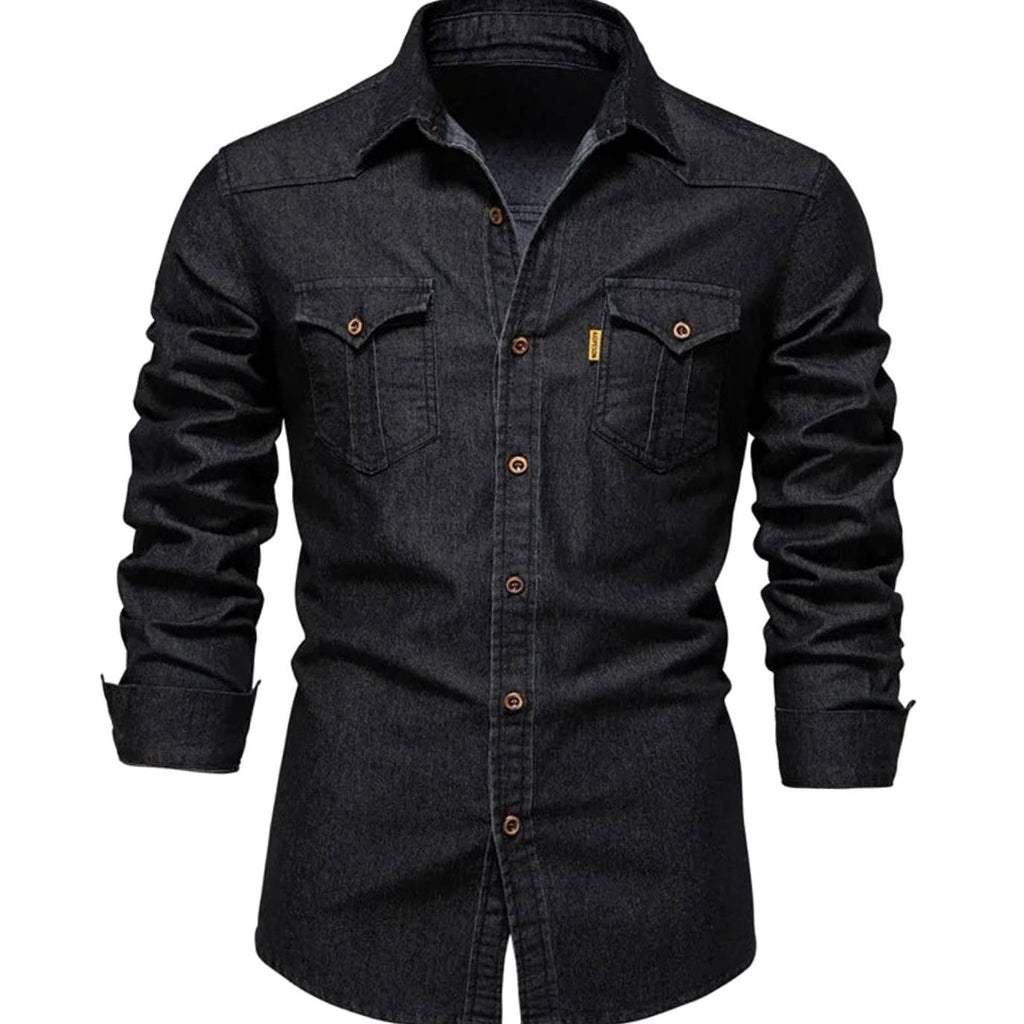 Men's Long-Sleeve Dual-Pocket Denim Button-Up Shirt - Black
