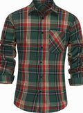 Men's Long-Sleeve Plaid Flannel Button-Up Shirt Chest Pocket - Red Green